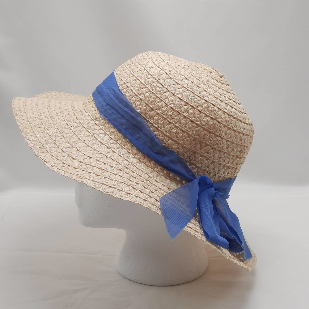 Womens Straw Hat Beige Blue Beach Wide Brim Floppy Casual Summer
